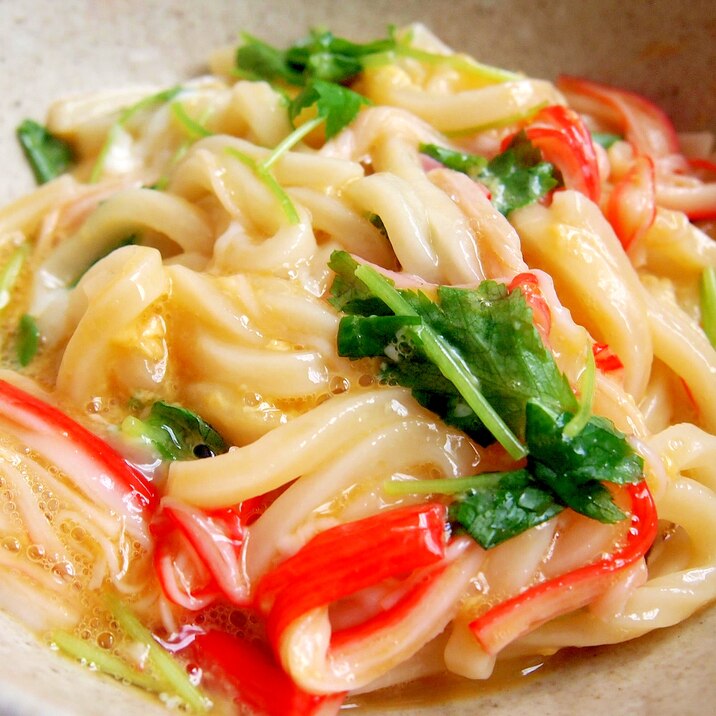 レンジで簡単 かにかまと三つ葉の卵うどん レシピ 作り方 By まるっとまる 楽天レシピ